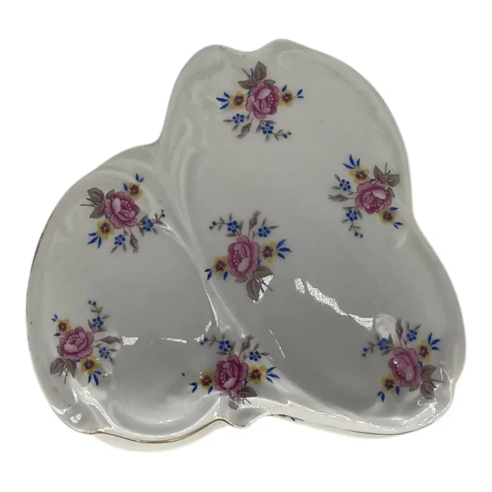 Limoges France Porcelain Triangular Trinket Dish Paul & Co Floral Gold Trim